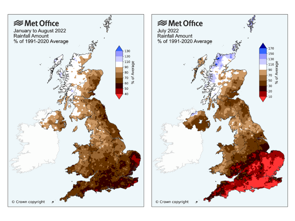 Met Office graphs showing January to August 2022 rainfall amount % of 1991-2020 average, and July 2022 rainfall amount % of 1991 to 2020 average