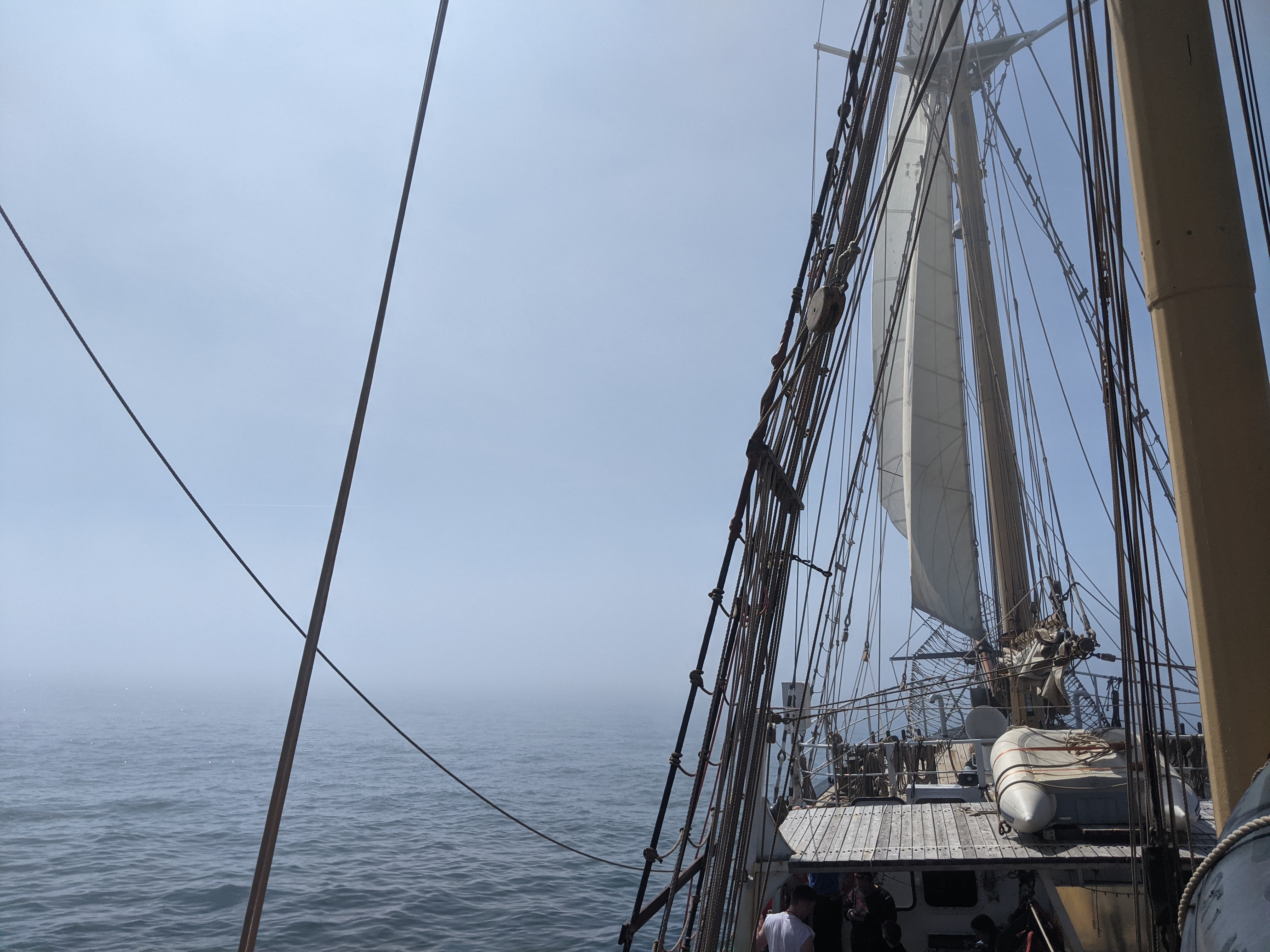 Pelicon of London sailing into a fog bank off the eastern Irish coast