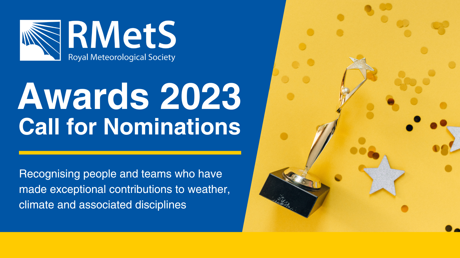 Image of award with confetti. RMetS logo. Text reading 'Awards 2023 call for nominations'