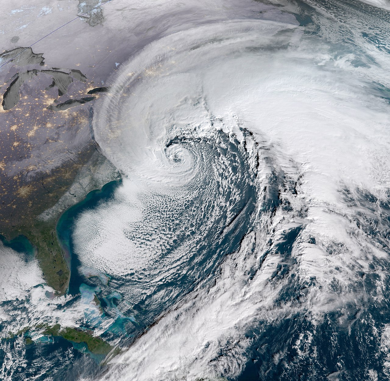 GOES-16 ABI image of the Early January 2018 nor&#039;easter maturing off the east coast of the United States.