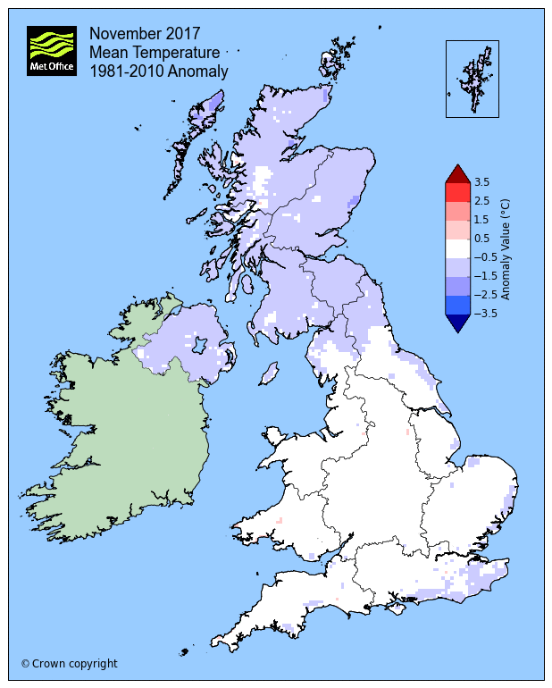 November 2017 Mean Temperature 1981 - 2010 anomaly (source: Met Office)