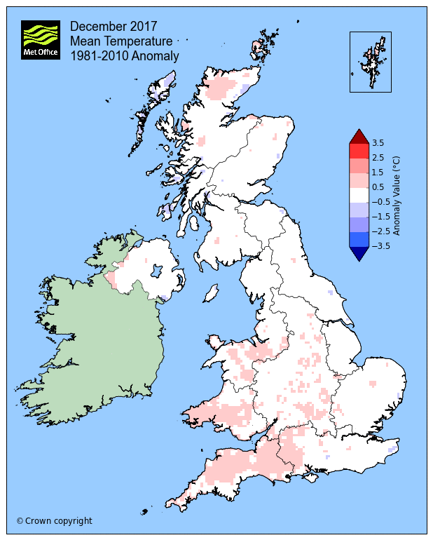 December 2017 Mean temperature 1981 - 2010 anomaly