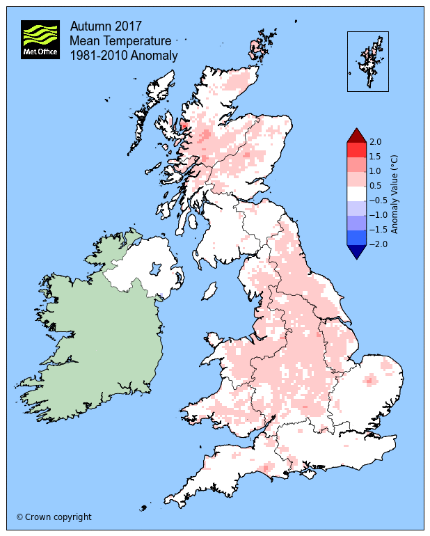 Autumn 2017 Mean Temperature 1981 - 2010 anomaly (source: Met Office) Autumn 2017 Mean Temperature 1981 - 2010 anomaly (source: Met Office)