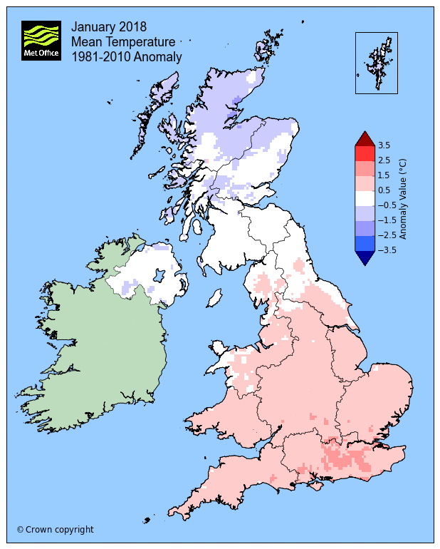 January 2018 Mean temperature 1981 - 2010 anomaly