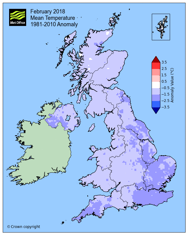 February 2018 Mean temperature 1981 - 2010 anomaly