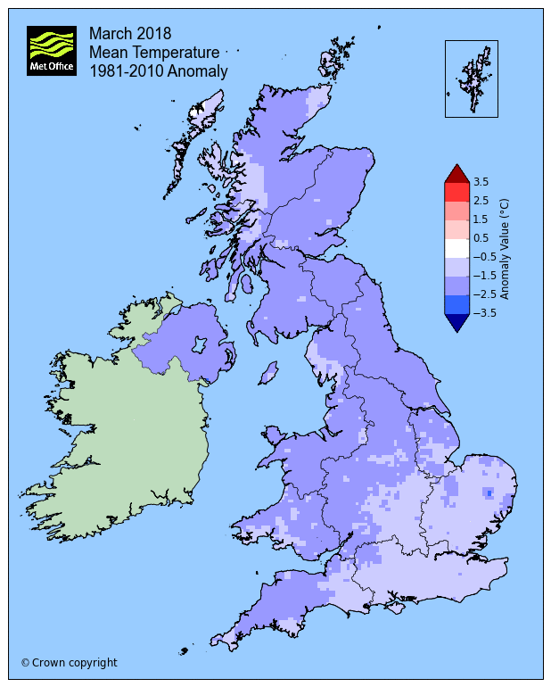 March 2018 Mean temperature 1981 - 2010 anomaly