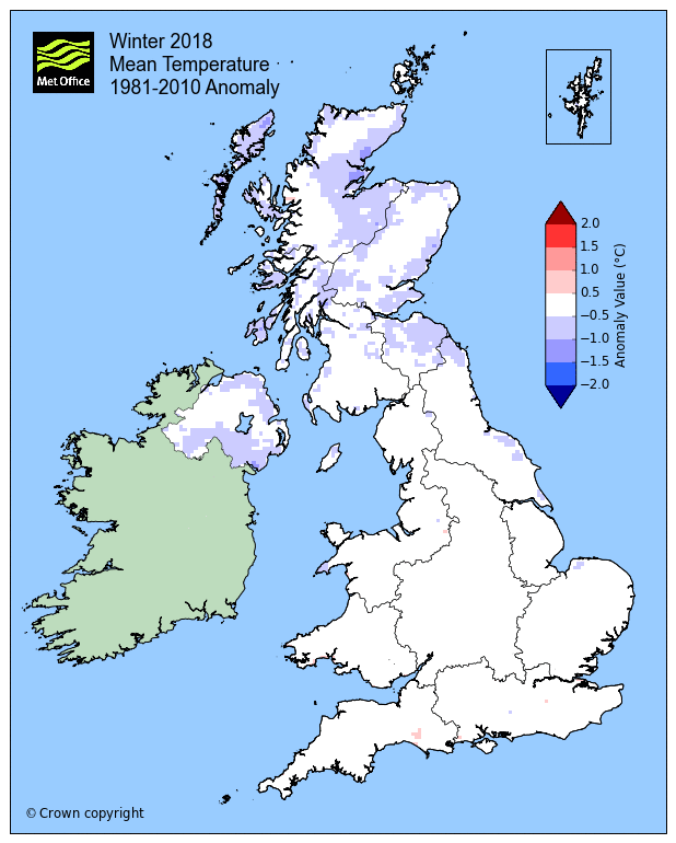 Winter 2018 Mean temperature 1981 - 2010 anomaly