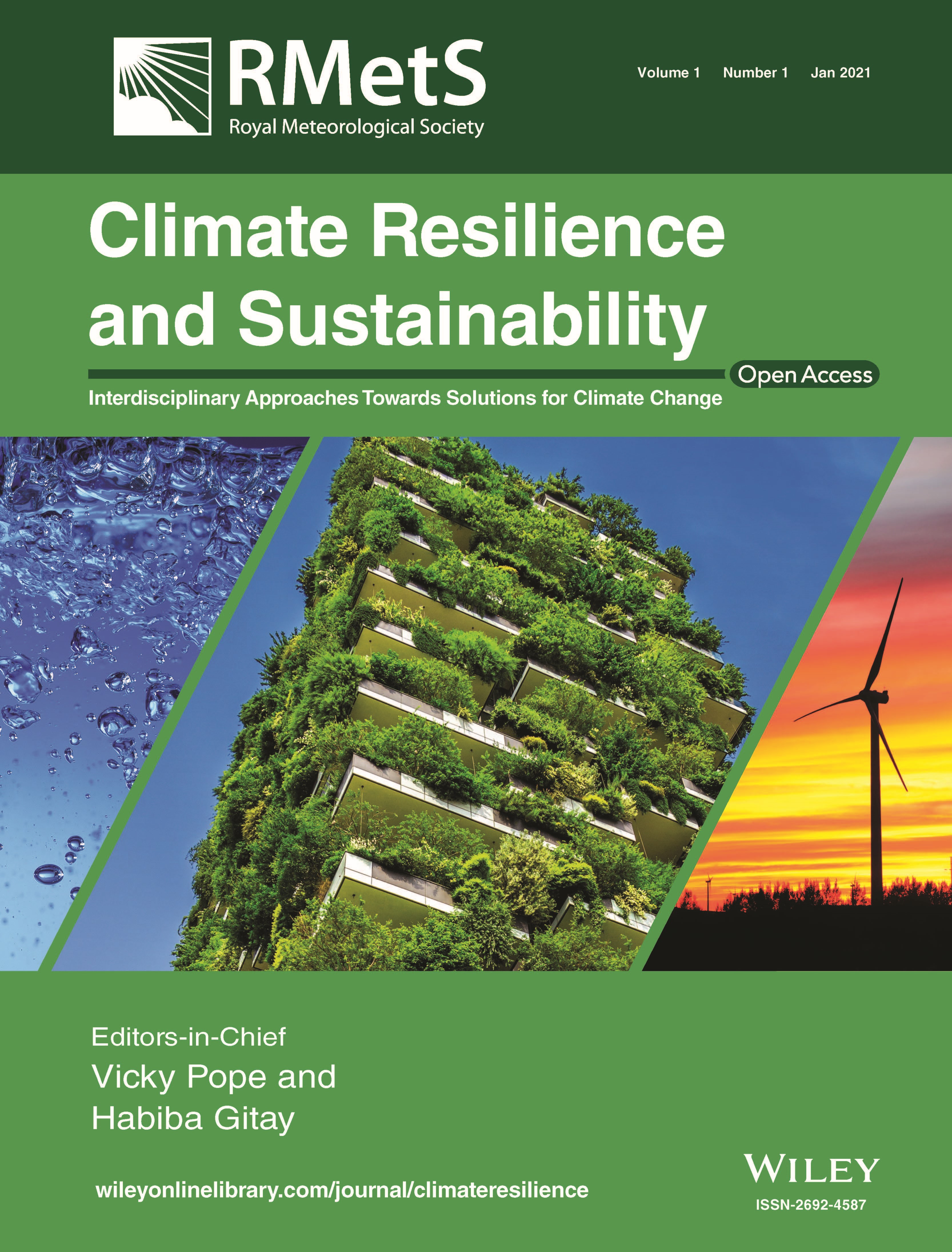 Front cover of Climate Resilience and Sustainability. Shows a building covered in foliage, a wind farm and bubbles