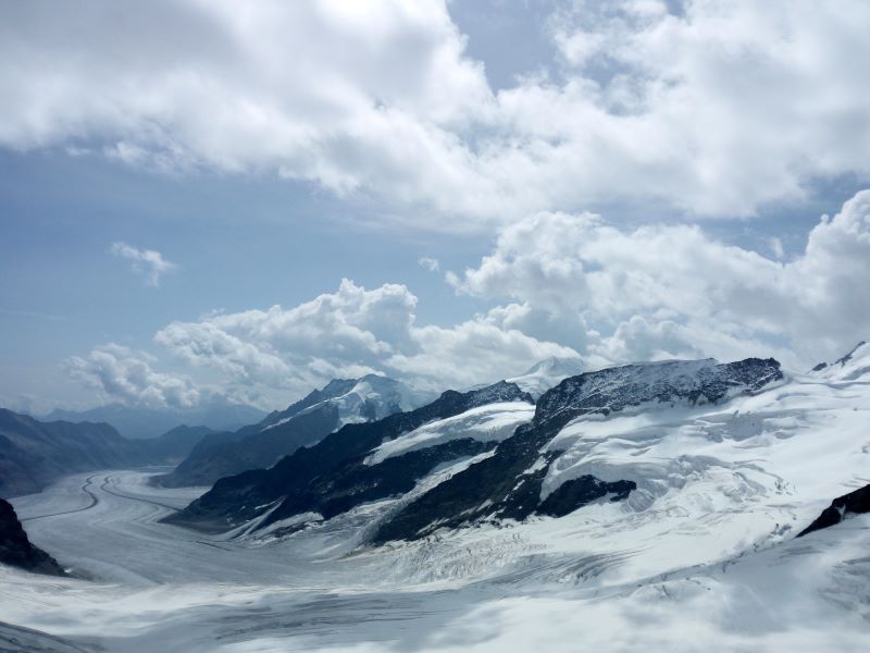 snowy mountains, glaciers and clouds at Interlaken