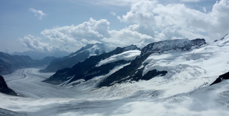 snowy mountains, glaciers and clouds at Interlaken