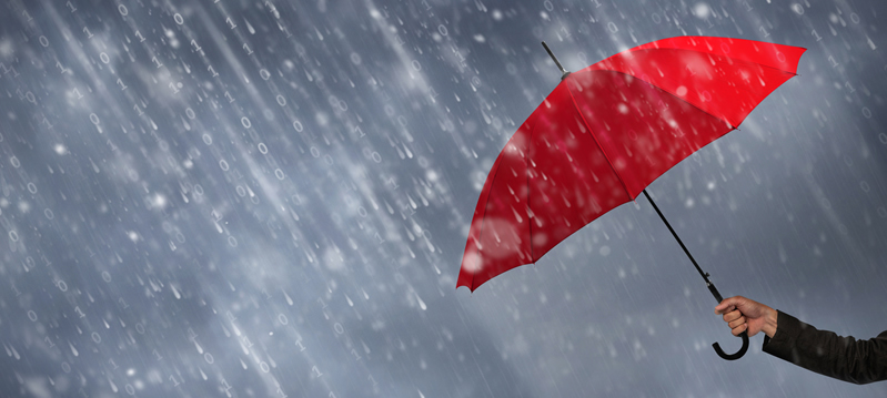 man holding red umbrella