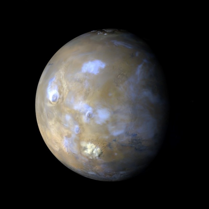 Clouds and a dust storm on Mars