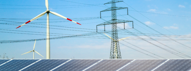 electricity pylon, wind turbine and solar panels