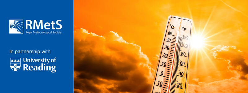 Image of a thermometer in front of an orange sky with sun 