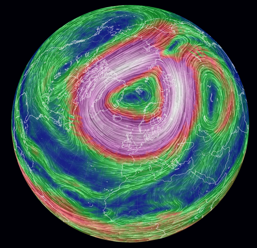 Polar vortex centred east of Greenland