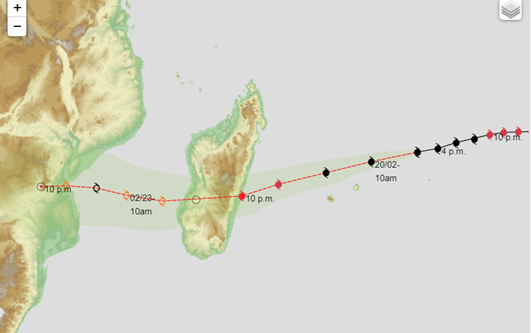 Forecast track map issued by MeteoFrance La Réunion