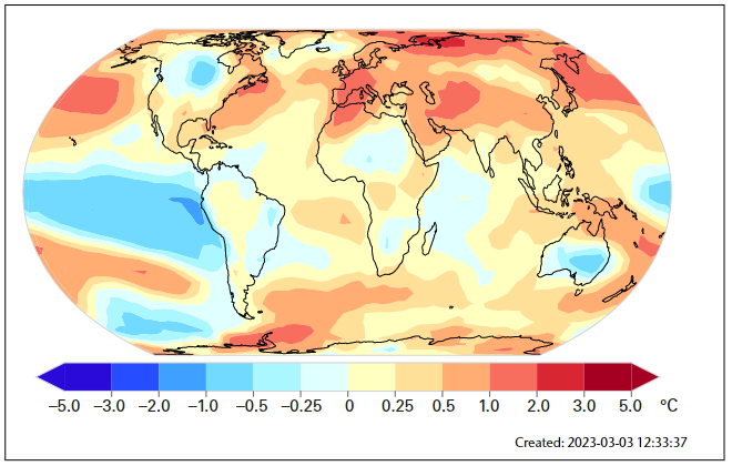 Near-surface temperature differences between 2022 and the 1991–2020 average
