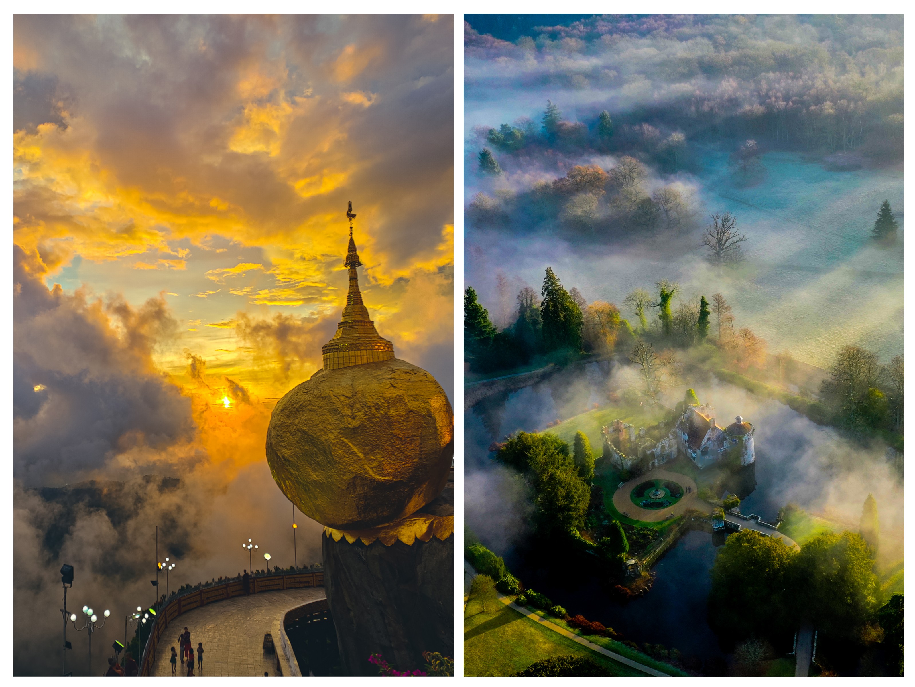 Sunset over a pagoda in Myanmar next to the morning mist over Scotney Castle Sunset over a pagoda in Myanmar next to the morning mist over Scotney Castle