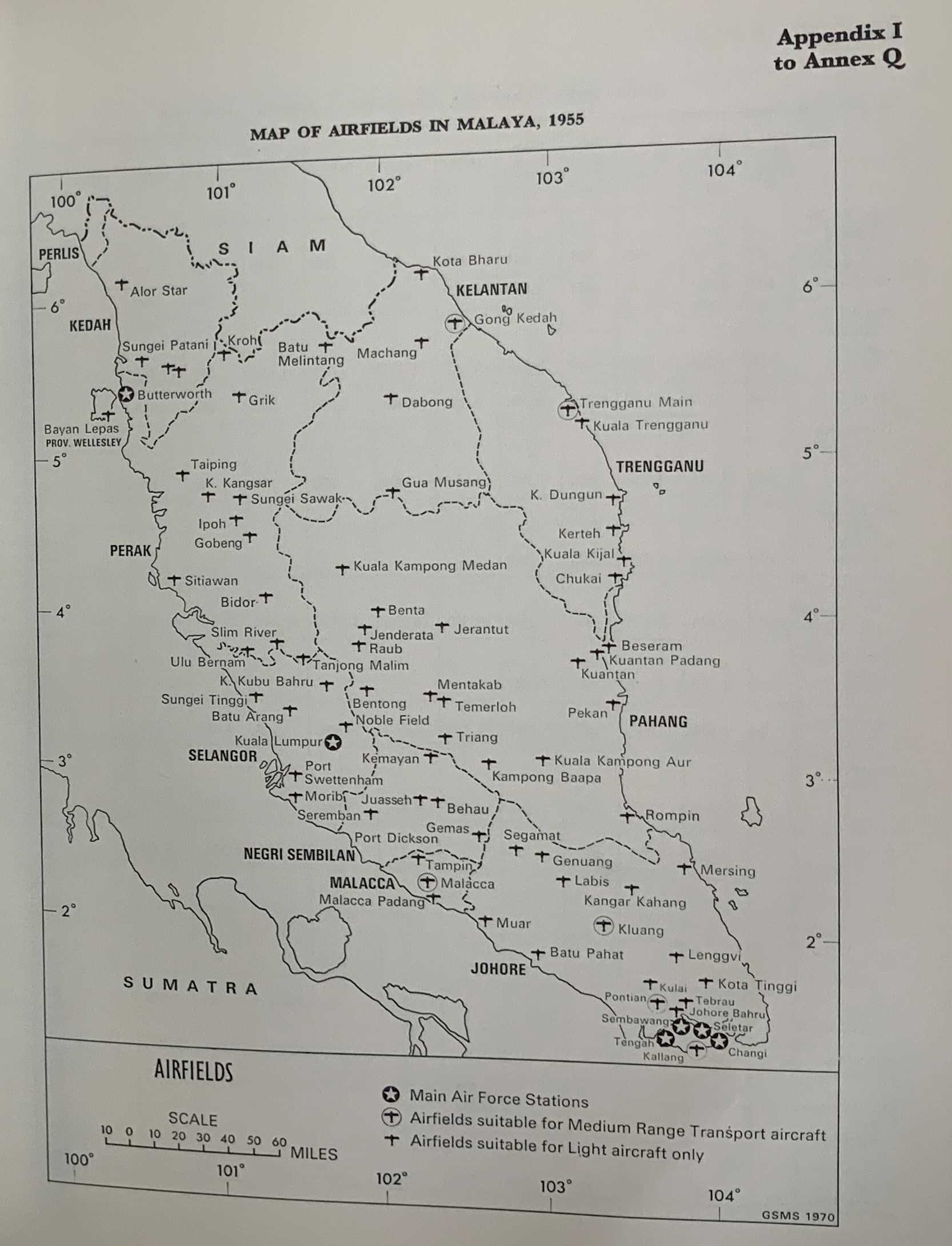 Map of airfields in Malaya 1955
