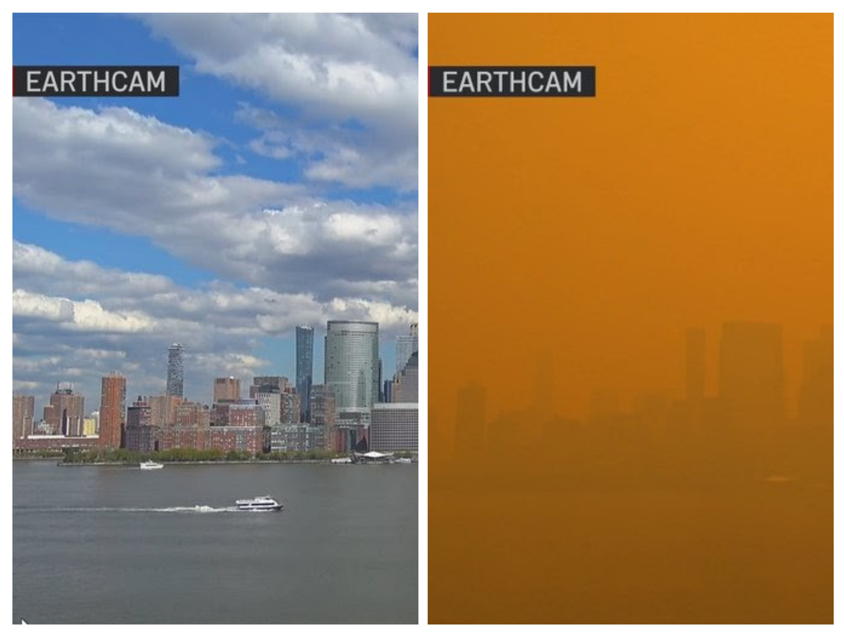 New York skyline before and during the wildfire smog event of June 2023