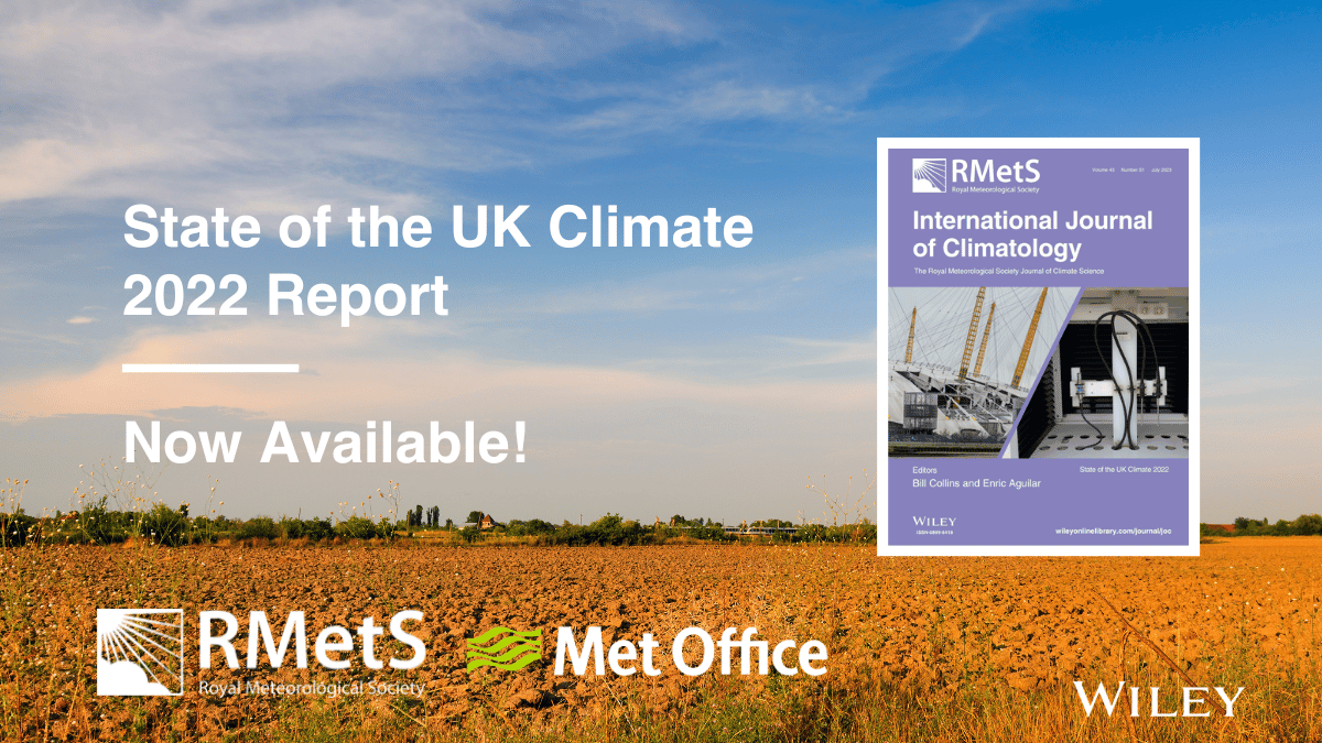 State of the UK Climate Report graphic showing the journal cover, Met Office and RMetS logos