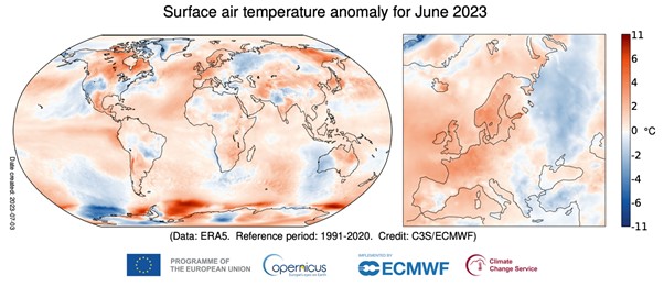 Surface air temperature anomaly for June 2023