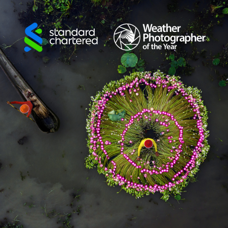 Standard Chartered and Weather Photographer of the Year Logos in front of 2023 photo entry 'Waterlily Harvesting'