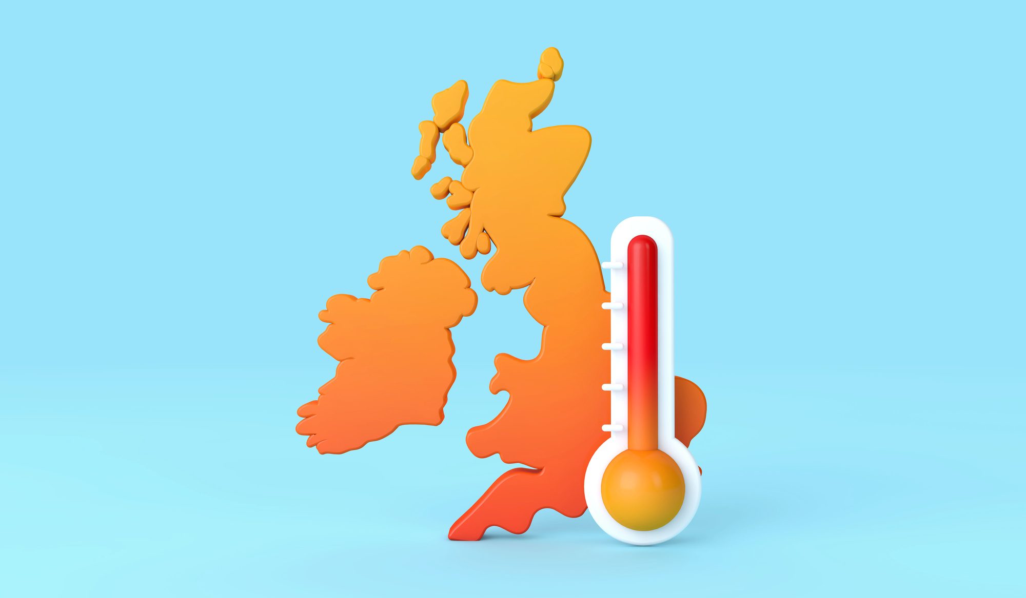 British Isles coloured orange-red with a thermometer