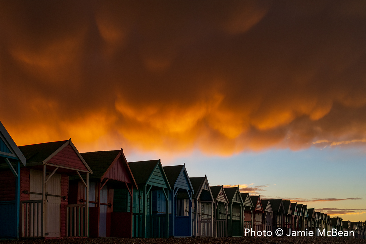 Overhead Mammatus over Beach Huts at Herne Bay