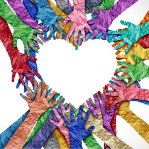 RMetS equity, diversity and inclusion image showing many people's hands arranged into a heart shape 