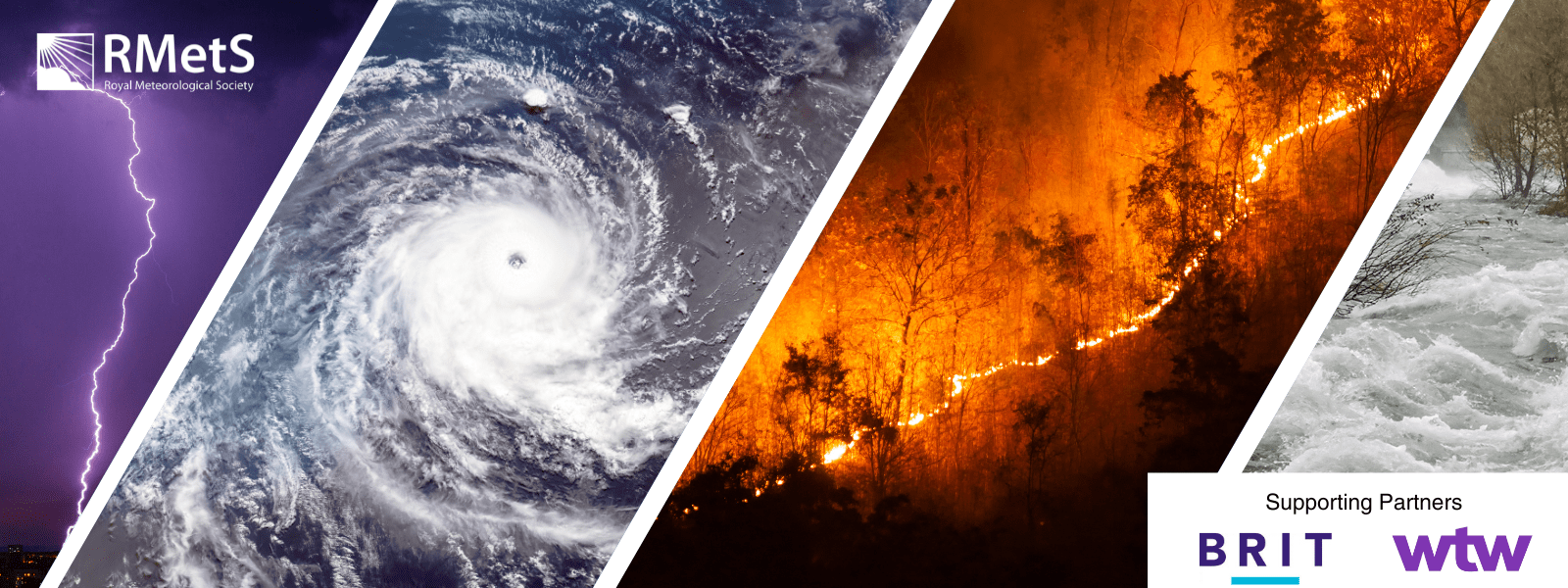 Event image showing lightning, a tropical cyclone, a wildfire and flooding 