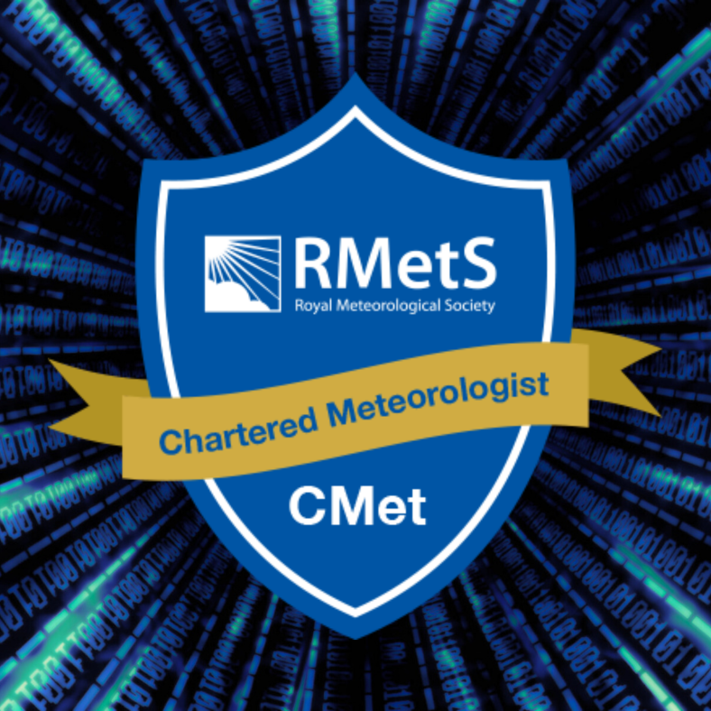 Blue badge with the words "Chartered Meteorologist"