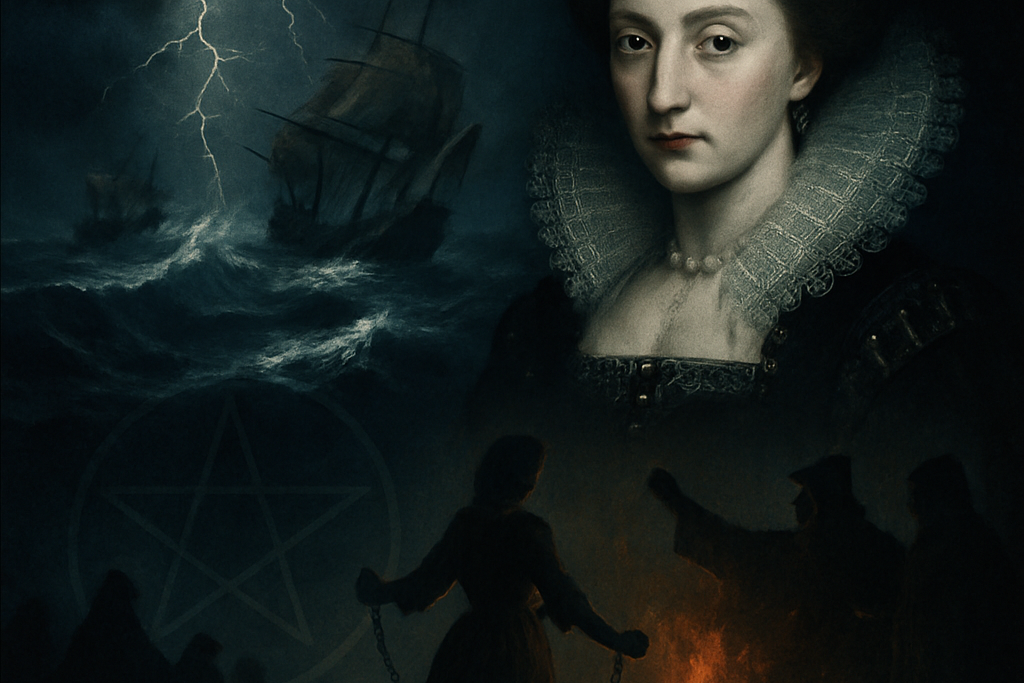 Ships on a stormy sea, royal figure and witch trials