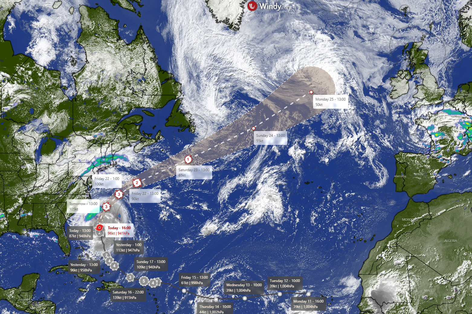 Track for Hurricane Erin across the Atlantic © windy.com