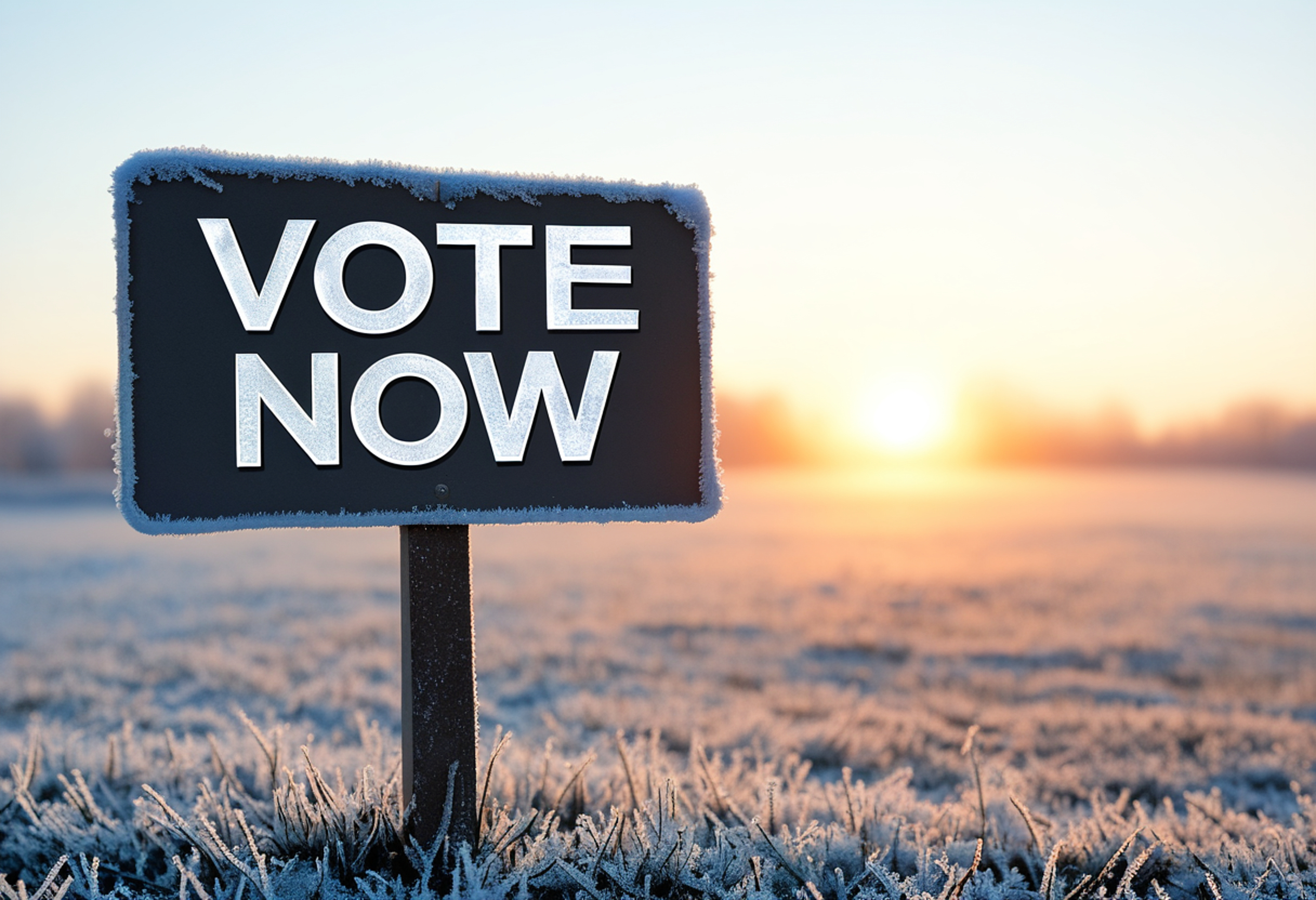 sign saying vote now in a frosty field (created with AI)