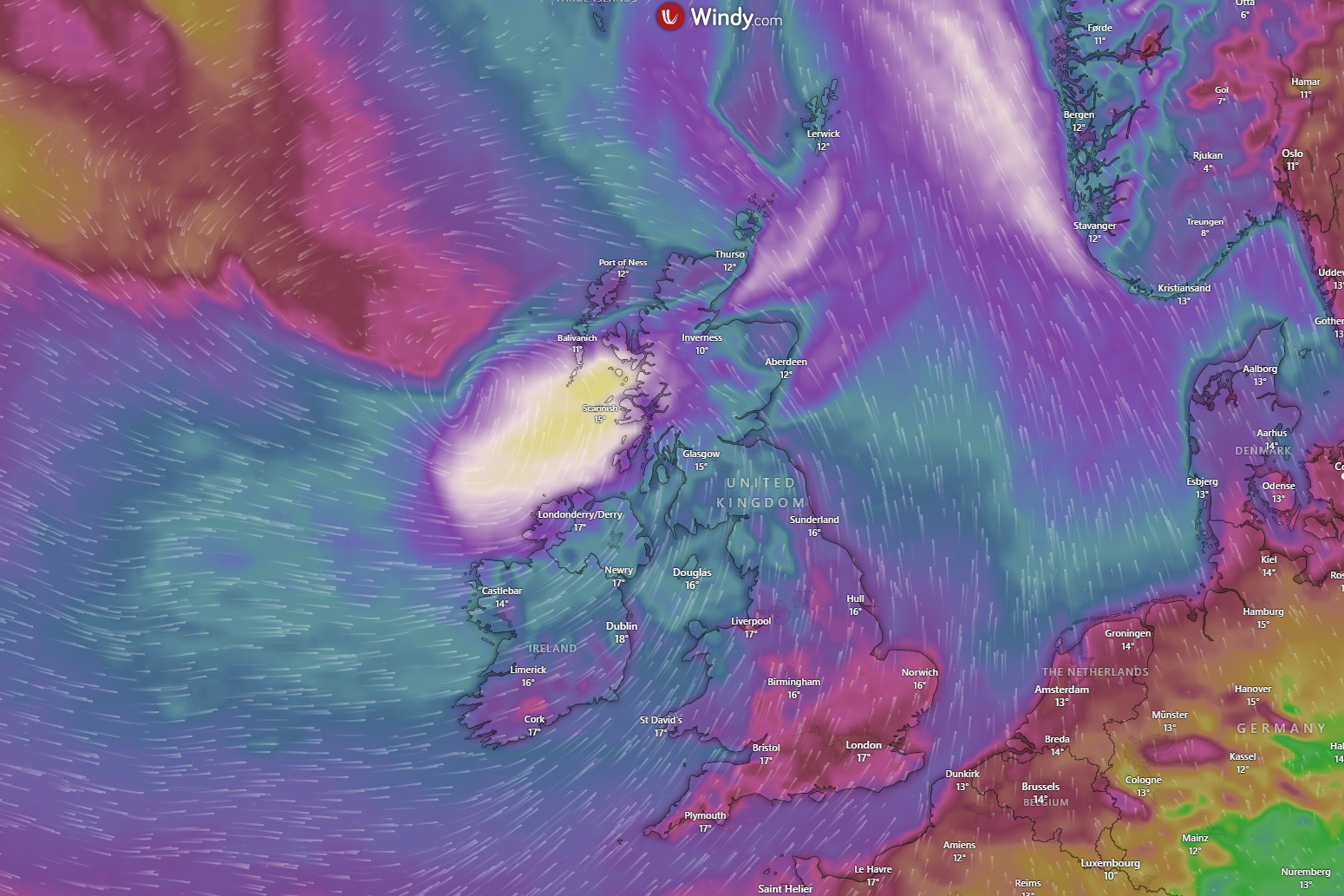 Visual representation of Storm Amy's winds from windy.com