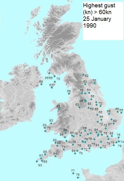 Highest gusts of over 60 knots recorded on 25 January 1990 