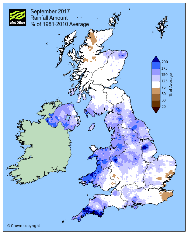 September 2017 Rainfall 1981 - 2010 anomaly (source: Met Office) September 2017 Rainfall 1981 - 2010 anomaly (source: Met Office)