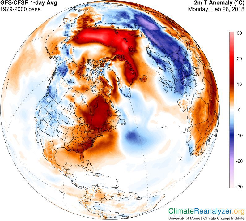 Temperature anomaly on 26th February 2018 (Credit: University of Maine, Climate Change Institute) Temperature anomaly on 26th February 2018 (Credit: University of Maine, Climate Change Institute)