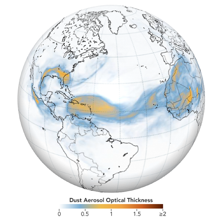 Photo: © NASA’s Earth Observatory, A Dust Plume to Remember. Shows a globe with the dust storm marked