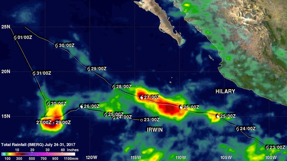 The tracks of Hilary and Irwin are shown overlaid on this analysis of accumulated rainfall. 