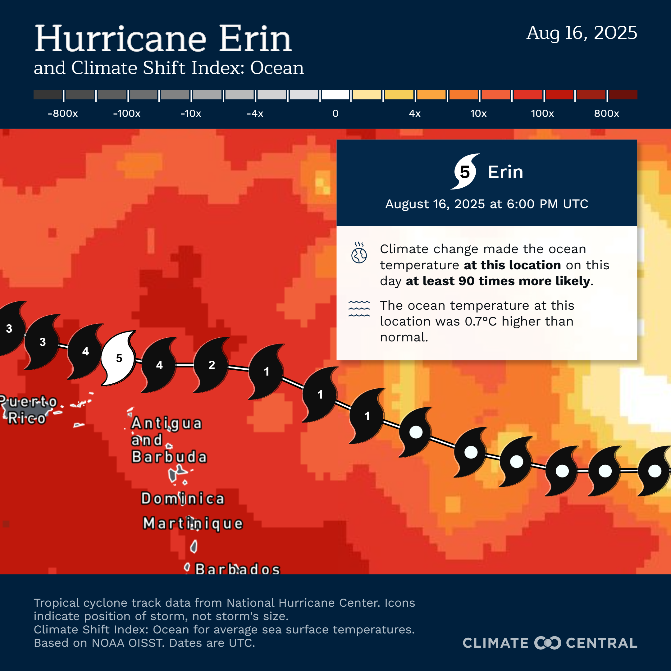 Hurricane Erin and Climate Shift Index © Climate Central