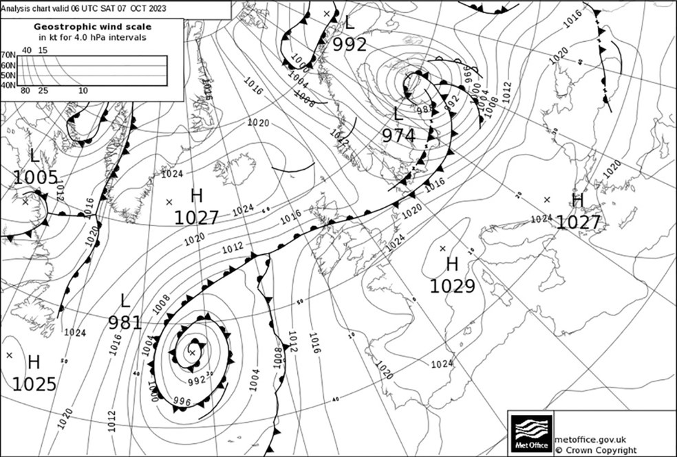 Analysis chart at 0600 UTC 7 October 2023. Much of Scotland experienced widespread and prolonged rainfall from 6 to 7 October 2023 from an ‘atmospheric river’ — a narrow stream of moisture laden air capable of causing very high rainfall totals. The figure below shows the frontal system associated with this rain, marking the boundary between warm air to the south and much colder air to the northOn 7 October, temperatures reached 25.7°C at Faversham in Kent, but only 7.7°C at Aviemore, Inverness-shire.