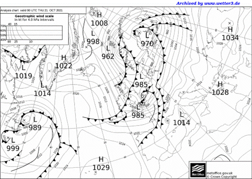 Analysis chart from 0000GMT on Thursday 21 October 2021 showing how tightly packed the isobars are around the south and west flank of the low