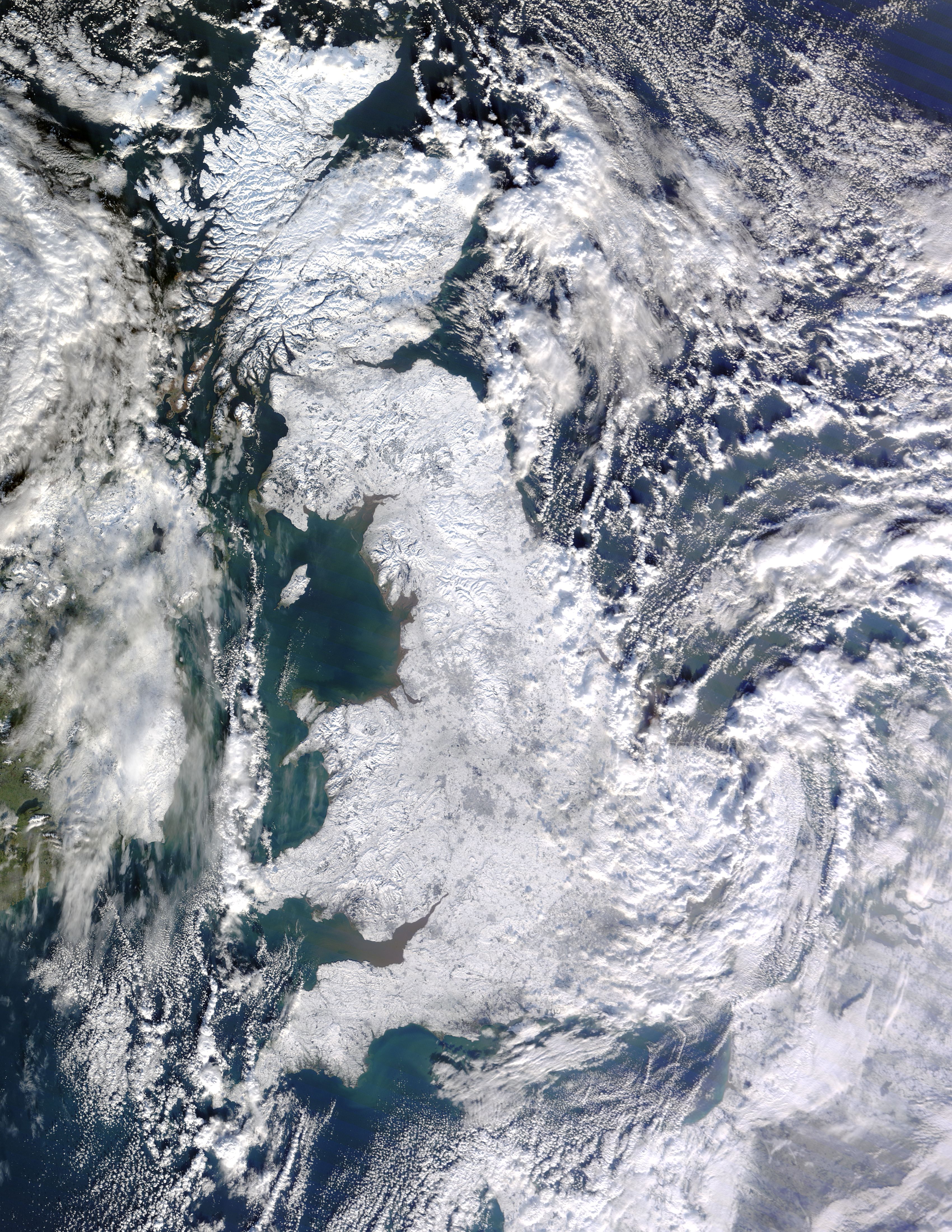 Snow over the UK as seen from space