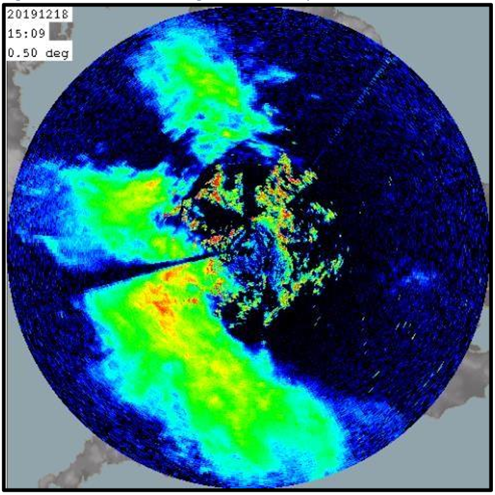 Clee Hill Radar display showing a break in the beam (occultation) caused by the Cambrian Mountains in Wales