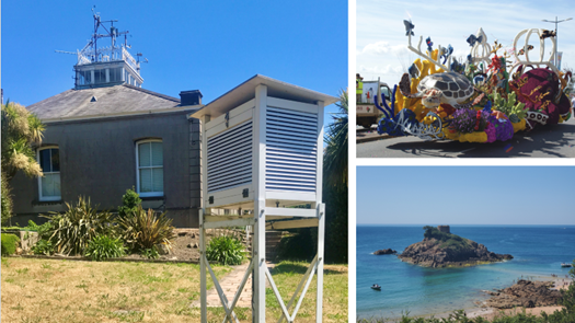 Clockwise from left — Maison St. Louis Observatory, the world famous ‘Battle of Flowers’ parade along Victoria Avenue July 2022, crystal clear water at Portelet Bay