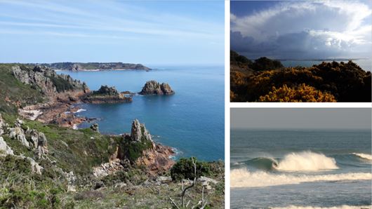 Clockwise from left – the view from the coast path looking towards Ouaisné and Portelet Common, a vigorous late spring thunderstorm over France, quality surf on the west coast