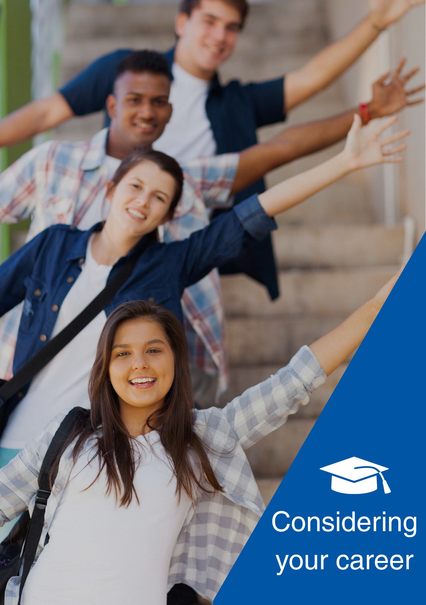 Students line up on some stairs