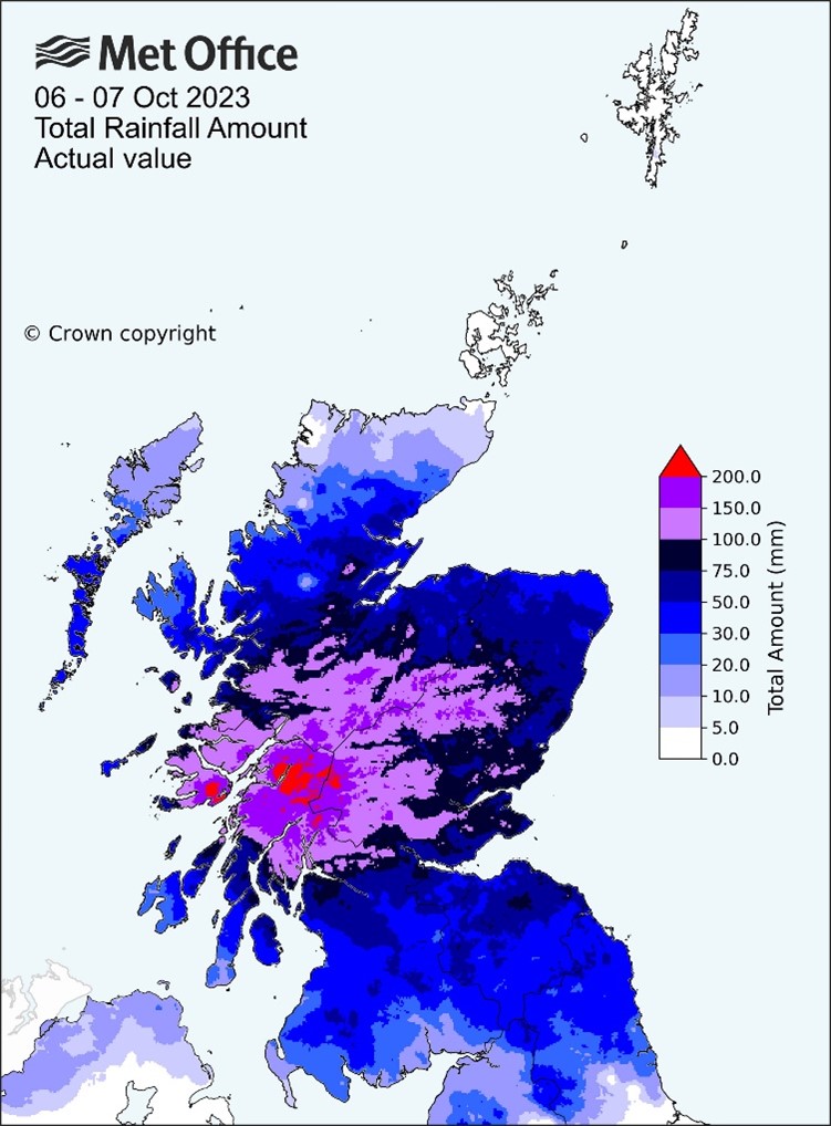 Daily rainfall totals (mm) across Scotland 6–7 October 2023.